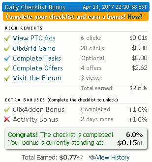 ClixSense Daily Checklist Bonus